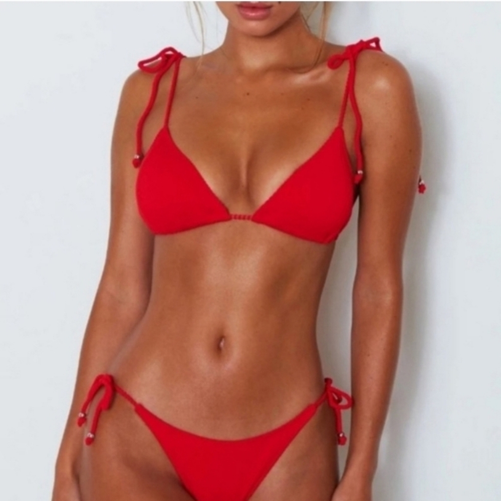 New Red Ribbed Tie Shoulder Tie Side Triangle Bikini Set Swimsuit Size L